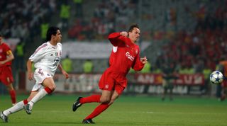 Kaka of AC Milan and Dietmar Hamann of Liverpool compete for the ball during the UEFA Champions League final between Liverpool and AC Milan at the Ataturk Olympic Stadium on May 25, 2005 in Istanbul, Turkey.