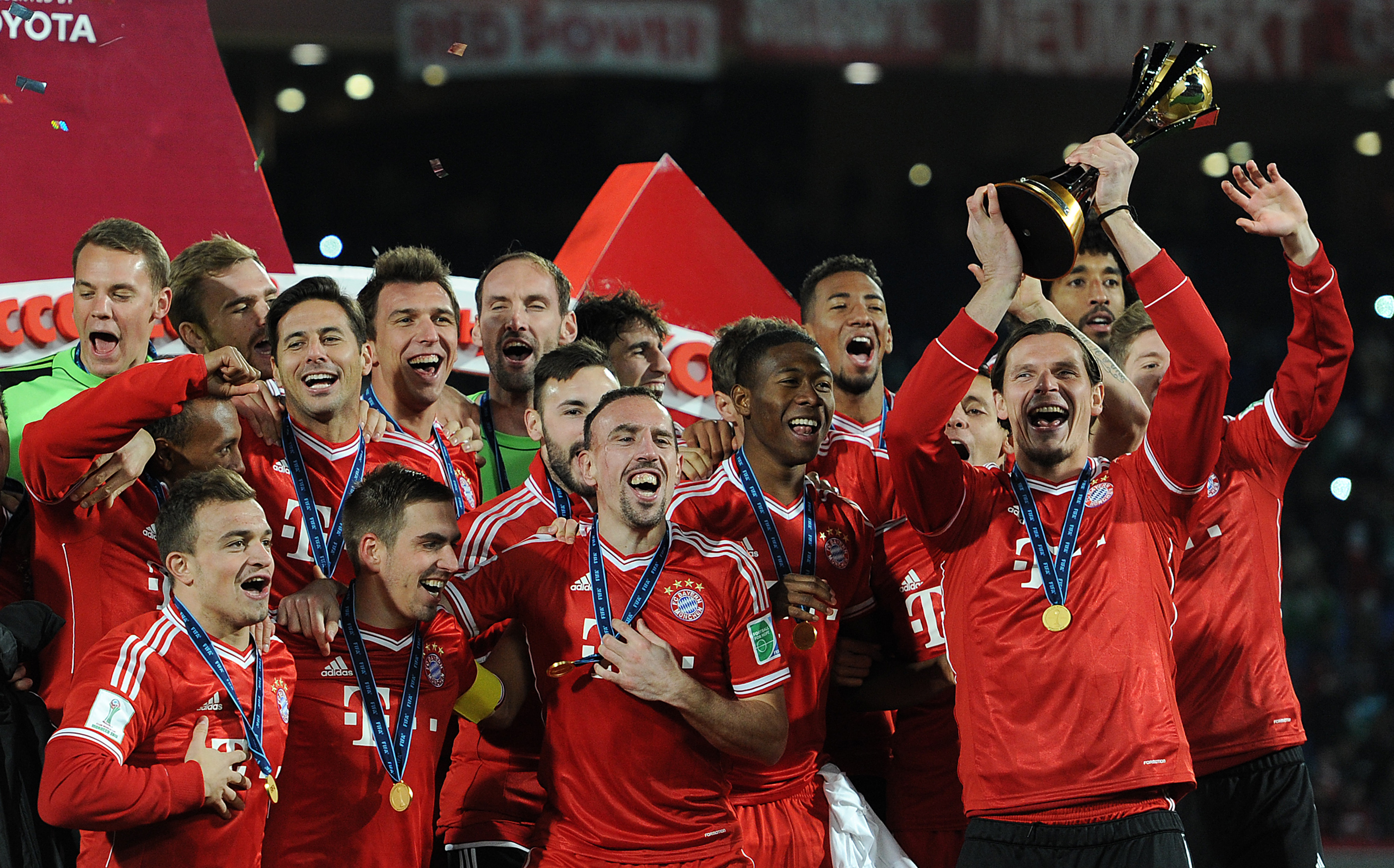 Bayern Munich players celebrate their Club World cup win in December 2013.