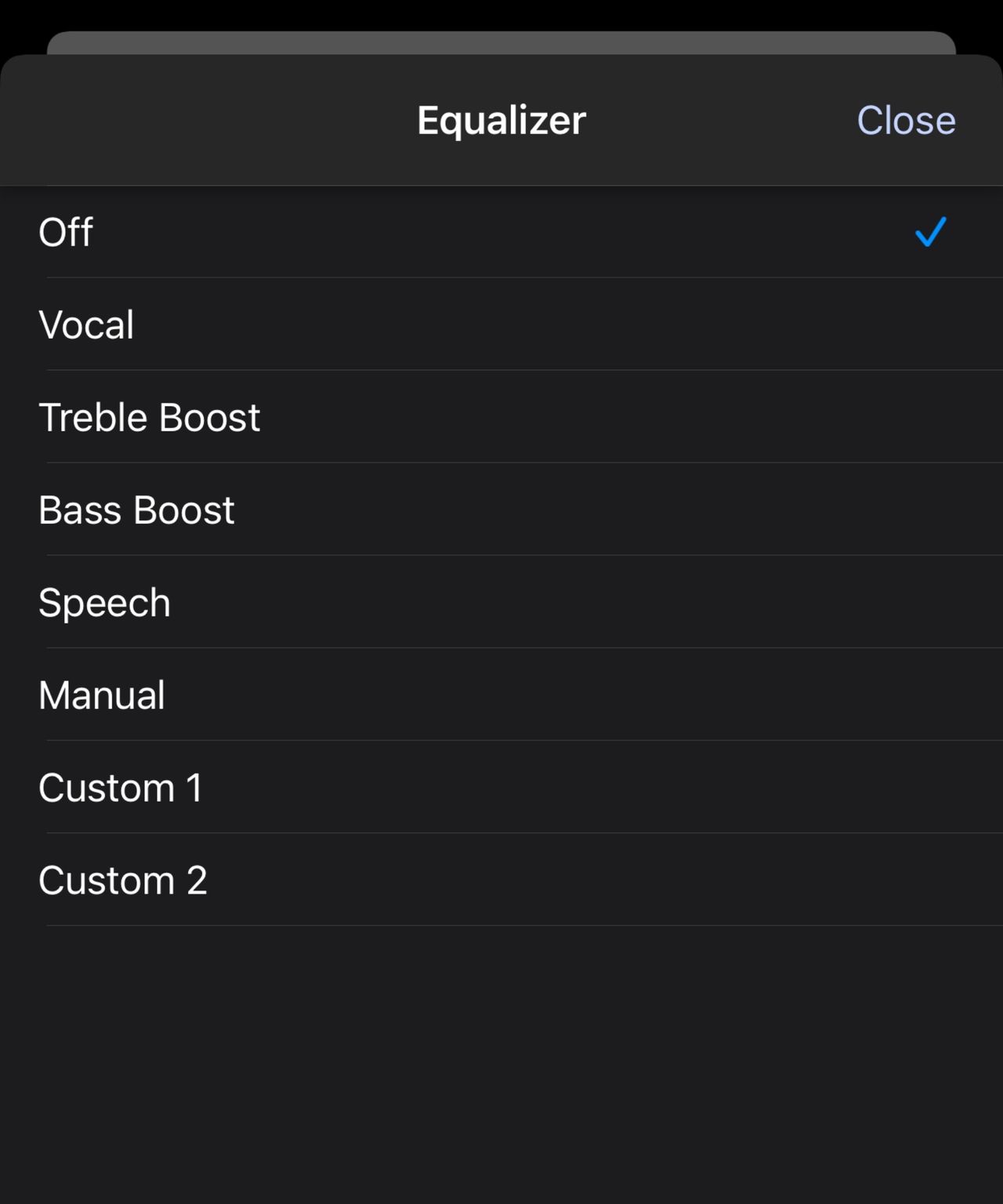 Screenshot of the Sony Sound Connect app showing equalizer presets for the Sony BRAVIA Theater U.