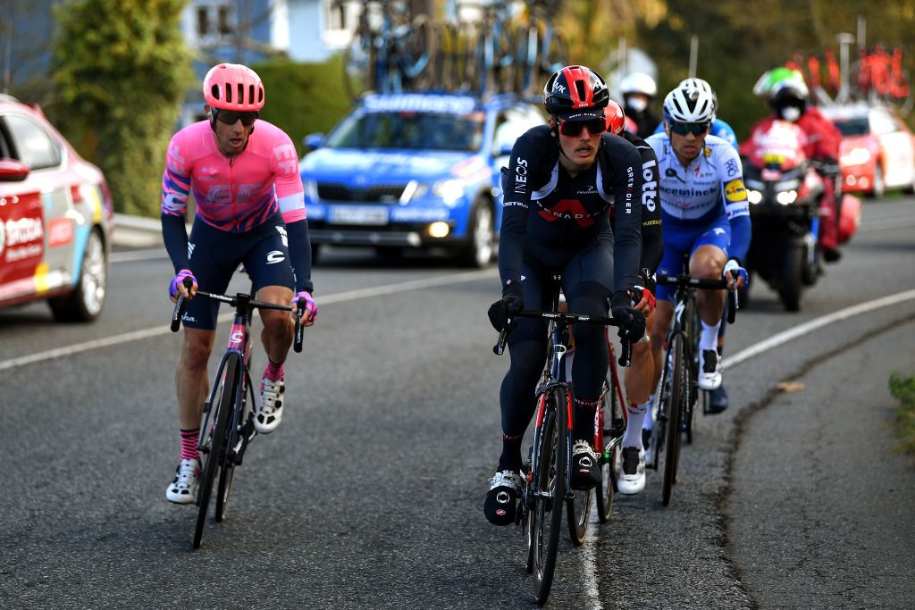 OURENSE SPAIN NOVEMBER 04 Michael Woods of Canada and Team EF Pro Cycling Dylan Van Baarle of The Netherlands and Team INEOS Grenadiers Tim Wellens of Belgium and Team Lotto Soudal Zdenek Stybar of Czech Republic and Team Deceuninck QuickStep Marc Soler Gimenez of Spain and Movistar Team Breakaway during the 75th Tour of Spain 2020 Stage 14 a 2047km stage from Lugo to Ourense lavuelta LaVuelta20 La Vuelta on November 04 2020 in Ourense Spain Photo by David RamosGetty Images
