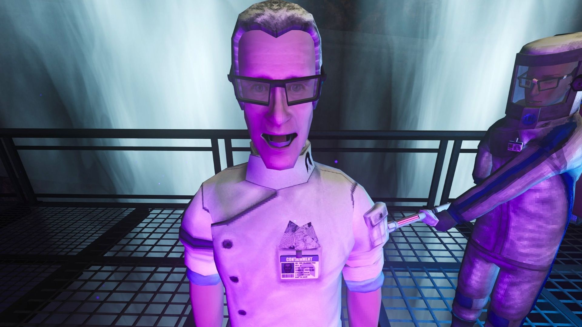 Dr. Cahn from Abiotic Factor with a player behind him holding a spear