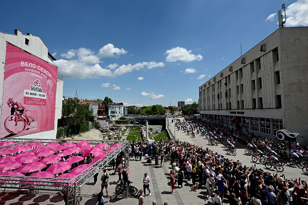 PLOVDIV, BULGARIA - MAY 10: A general view of the peloton prior to the 109th Giro d&amp;apos;Italia 2026, Stage 3 a 175km stage from Plovdiv to Sofia / #UCIWT / on May 10, 2026 in Plovdiv, Bulgaria. (Photo by Tim de Waele/Getty Images)