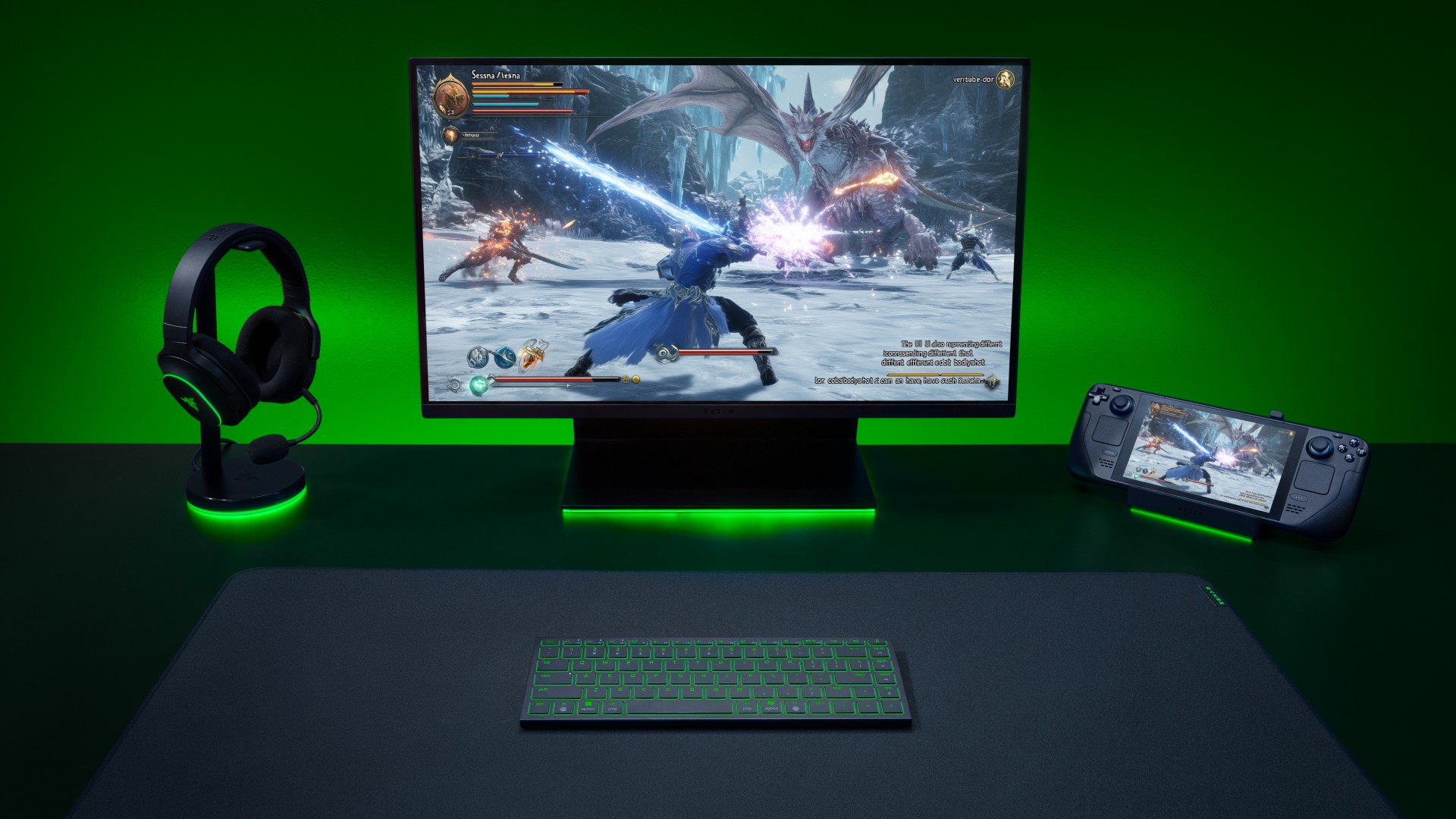 Razer Joro gaming keyboard in the middle of a Steam Deck setup with monitor and headset
