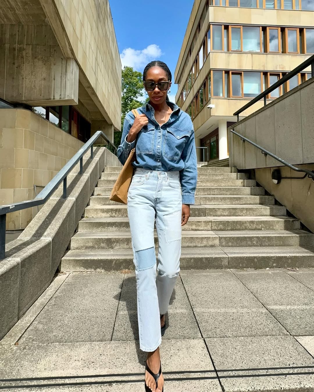 woman wearing slim jeans and denim button-down shirt