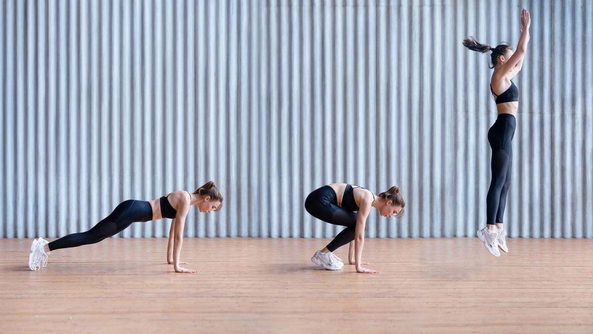 A woman doing a burpee