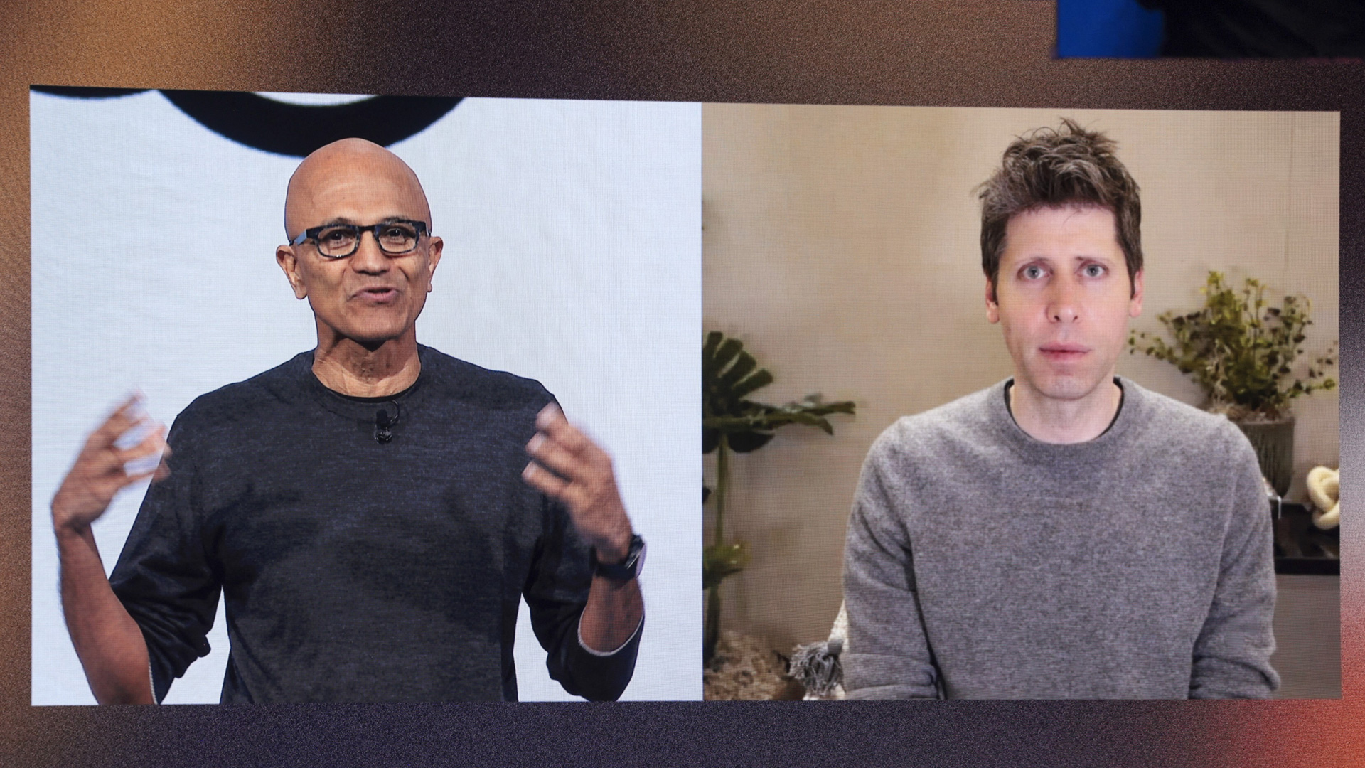 Satya Nadella and Sam Altman on video conference together.