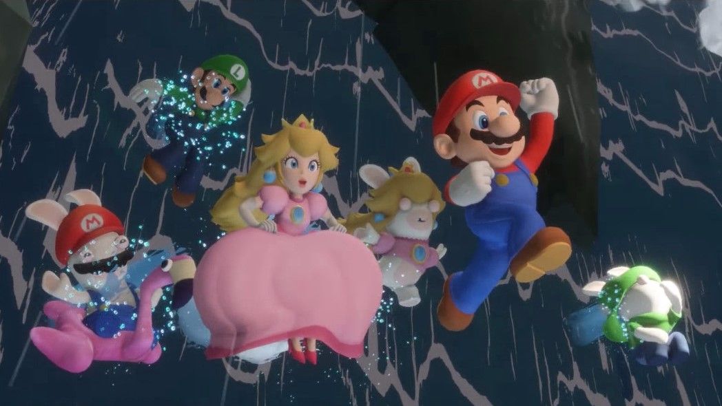 Mario, Luigi, Peach, Rabbid Peach, Rabbid Luigi and Rabbid Mario in Mario + Rabbids Sparks of Hope