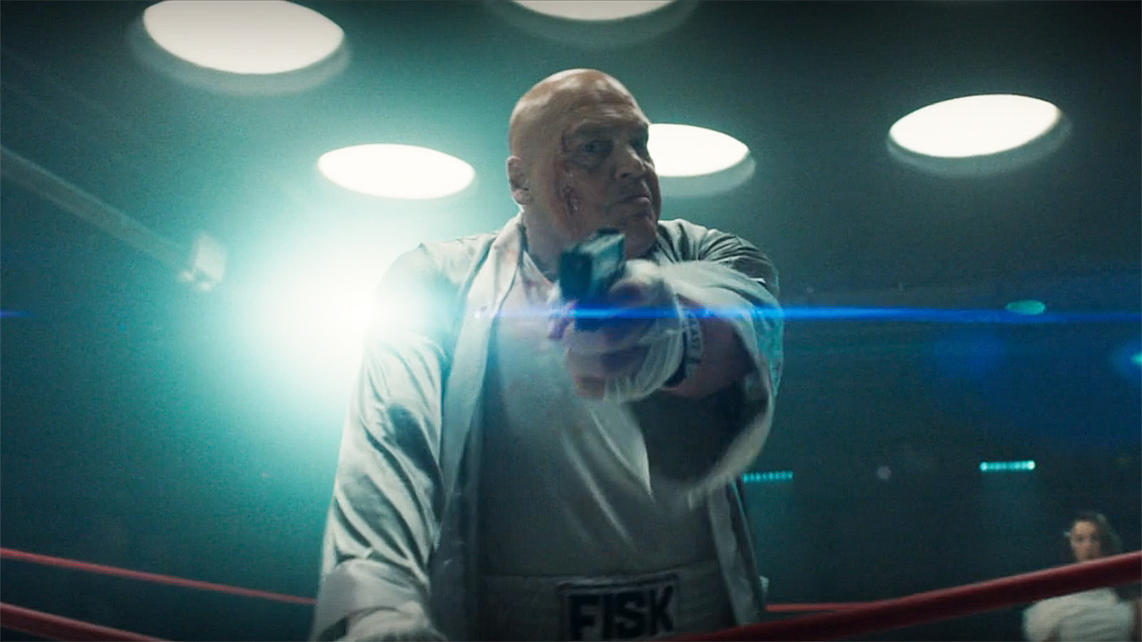 Wilson Fisk pointing a handgun at an off-screen Bullseye in Daredevil: Born Again season 2 episode 4