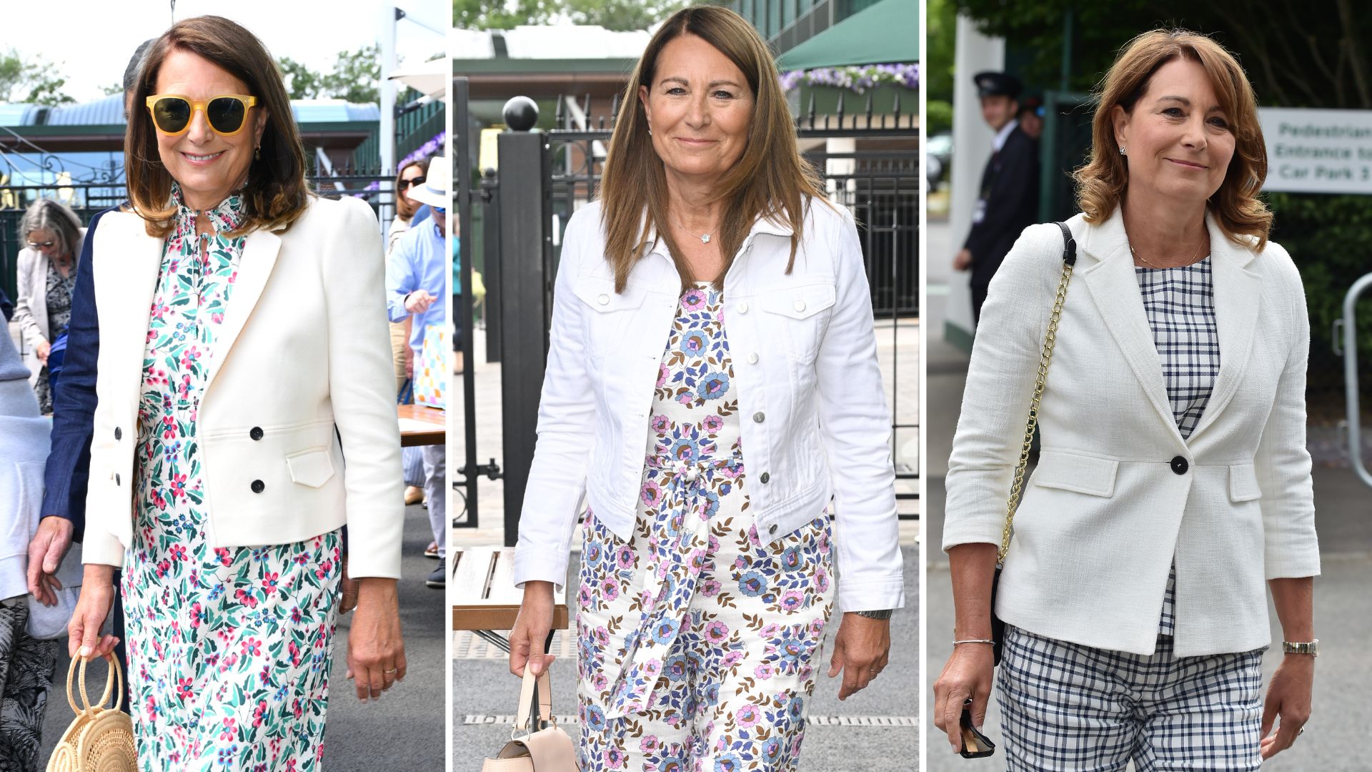 A composite of three pictures of Carole Middleton wearing white jackets