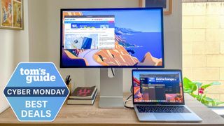 Apple Studio Display with Cyber Monday deal tag superimposed