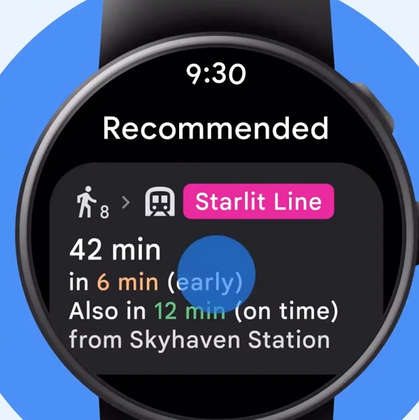 An example of a user looking a recommended route on a train from a Wear OS device.