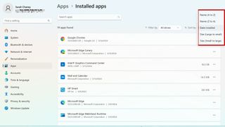 sorting installed apps in windows 11