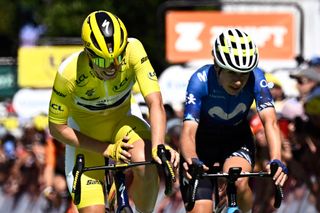 Team SD Worx - Protime&#039;s Dutch rider Demi Vollering reacts as she crosses the finish line of the 5th stage of the Tour de France Femmes 2024