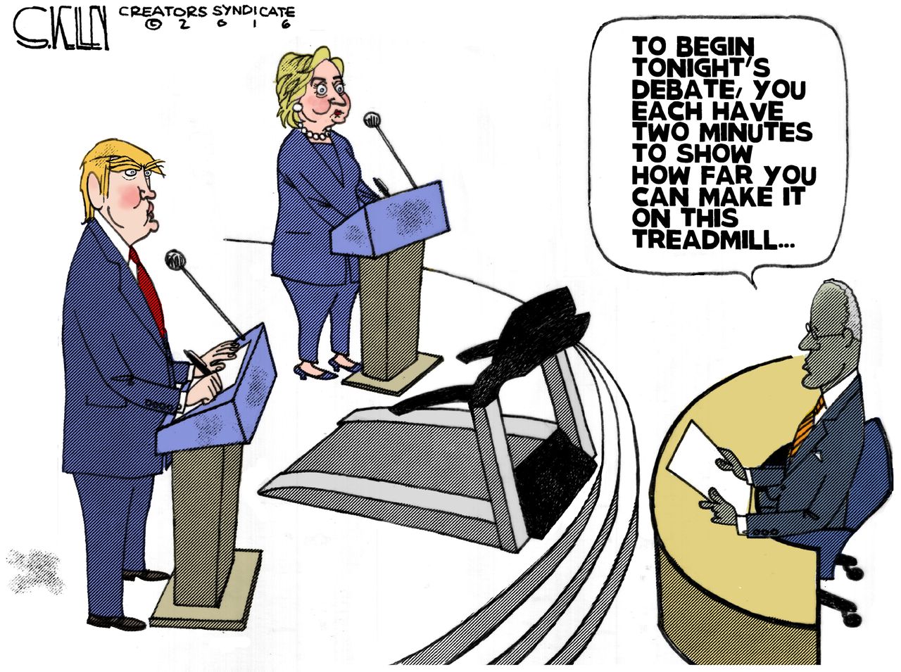 Political cartoon U.S. 2016 election Hillary Clinton Donald Trump health