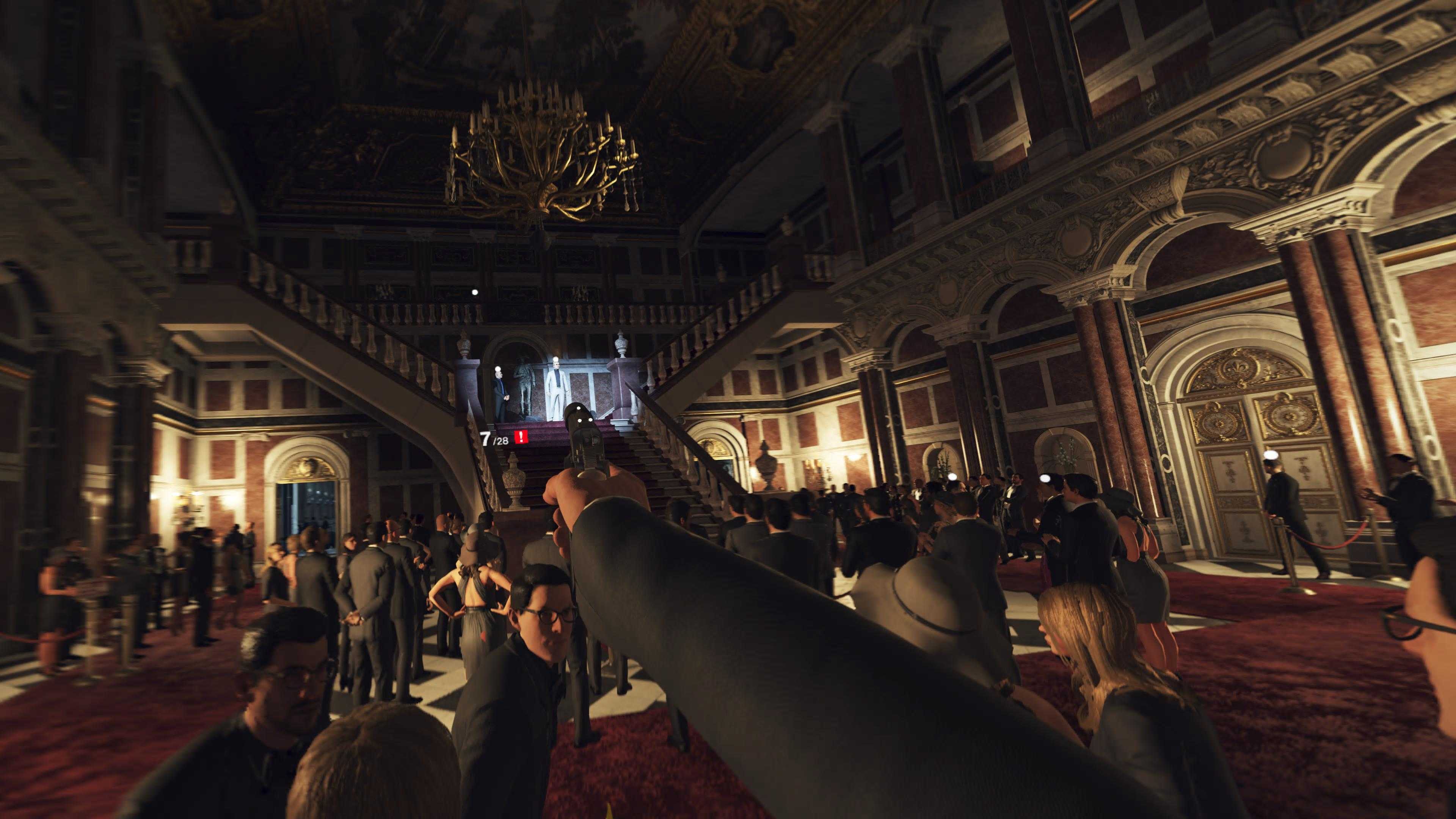 Aiming a pistol at a businessman as they walk down a dramatic flight of stairs