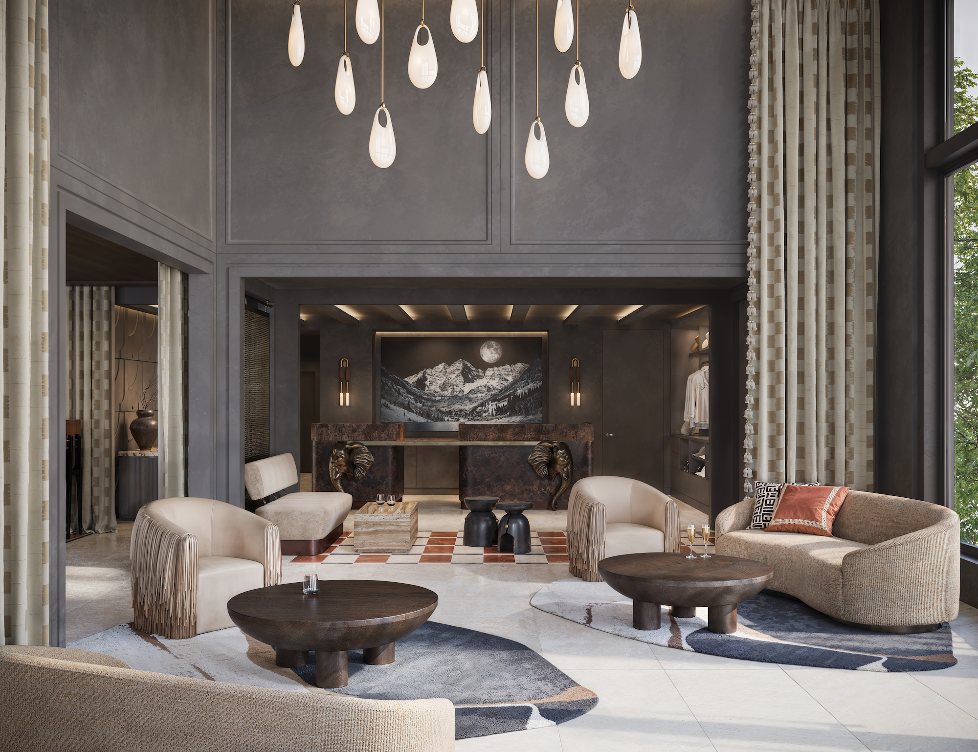 A rendering showing the lobby of White Elephant Aspen during winter