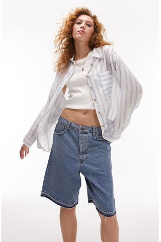 Topshop Stripe Oversize Cotton & Linen Button-Up Shirt