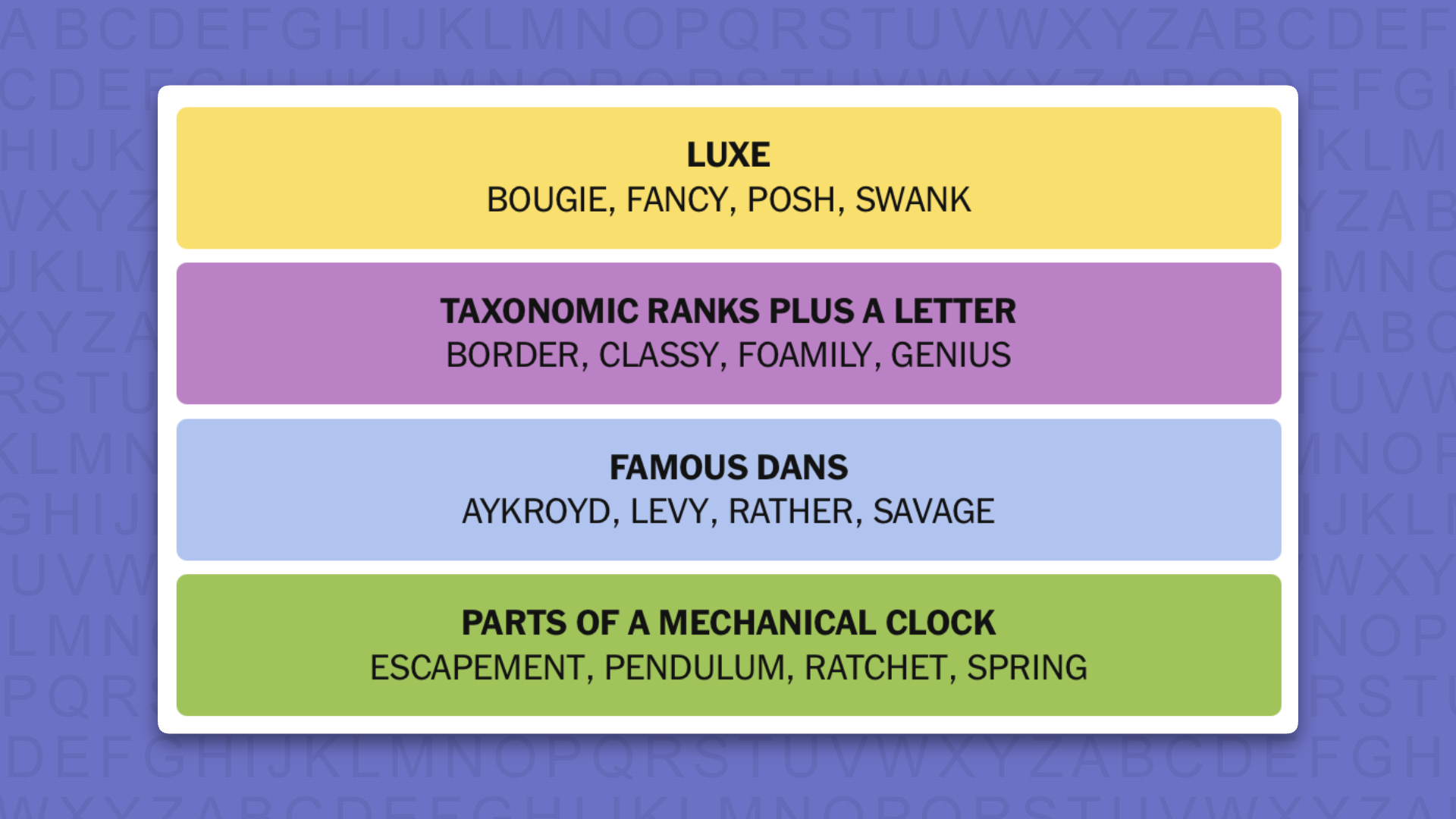 NYT Connections answers for game 1202 on a purple background