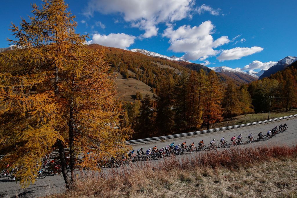 The pack climbs up the mountains with autumn coloured trees during the 20th stage of the Giro dItalia 2020 cycling race a 198kilometer route between Alba and Sestriere on October 24 2020 Photo by Luca Bettini AFP Photo by LUCA BETTINIAFP via Getty Images