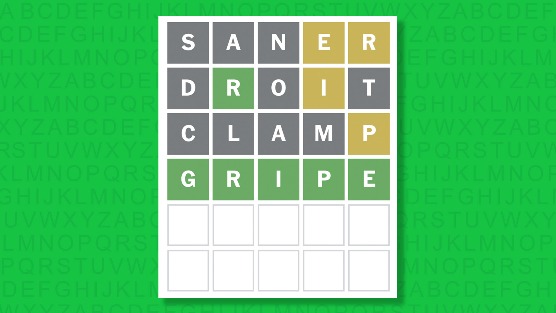 NYT Wordle answer for game 1874 on a green background