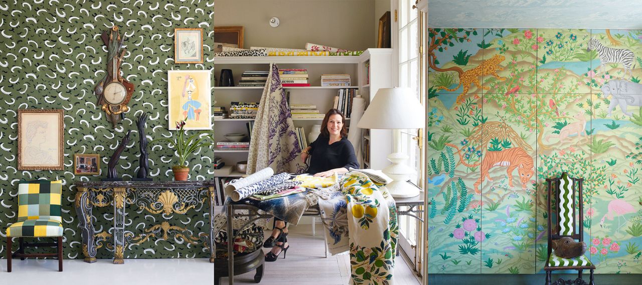 Behind the brand: Schumacher. Green and white patterned wallpaper in hallway, decorated console table, artwork on wall, checkered chair. Schumacher’s creative director Dara Caponigro. Patterned wallpaper with chair.