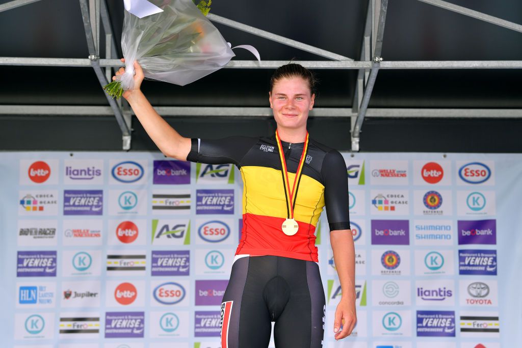 kopecky KOKSIJDE BELGIUM AUGUST 20 Podium Lotte Kopecky of Belgium and Team Lotto Soudal Ladies Celebration Gold medal during the 121st Belgian Road Championship 2020 Womens Elite Individual Time Trial a 284km Individual Time Trial on Koksijde ITT BELCycling BKKoksijde on August 20 2020 in Koksijde Belgium Photo by Luc ClaessenGetty Images