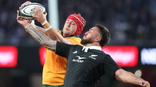 Harry Wilson of Australia (L) and Josh Lord of New Zealand compete for the ball during the rugby union Bledisloe Cup match between New Zealand and Australia at Eden Park in Auckland on October 10, 2026.