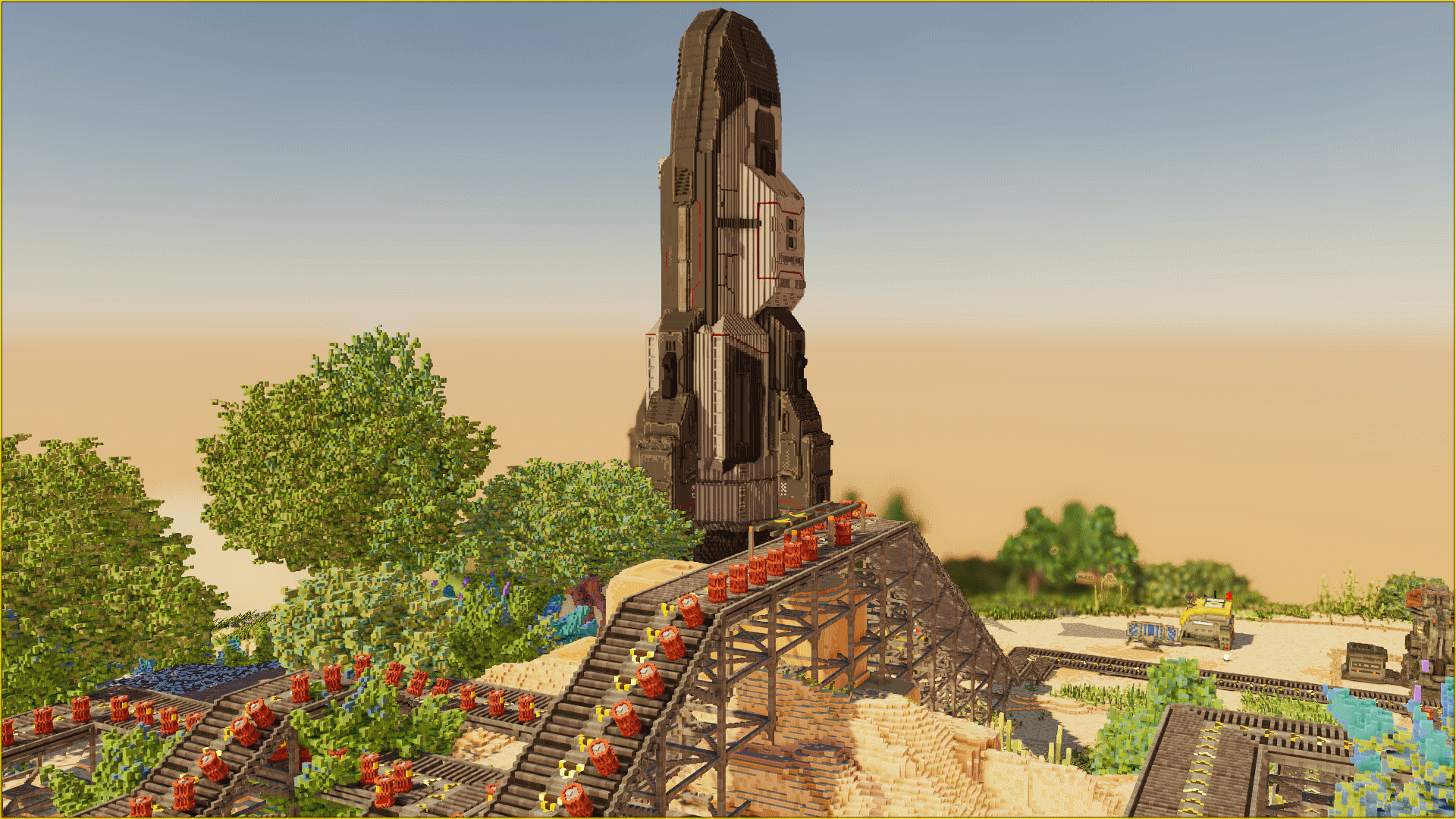 A space-age monolith structure towers over an outdoor assembly line 