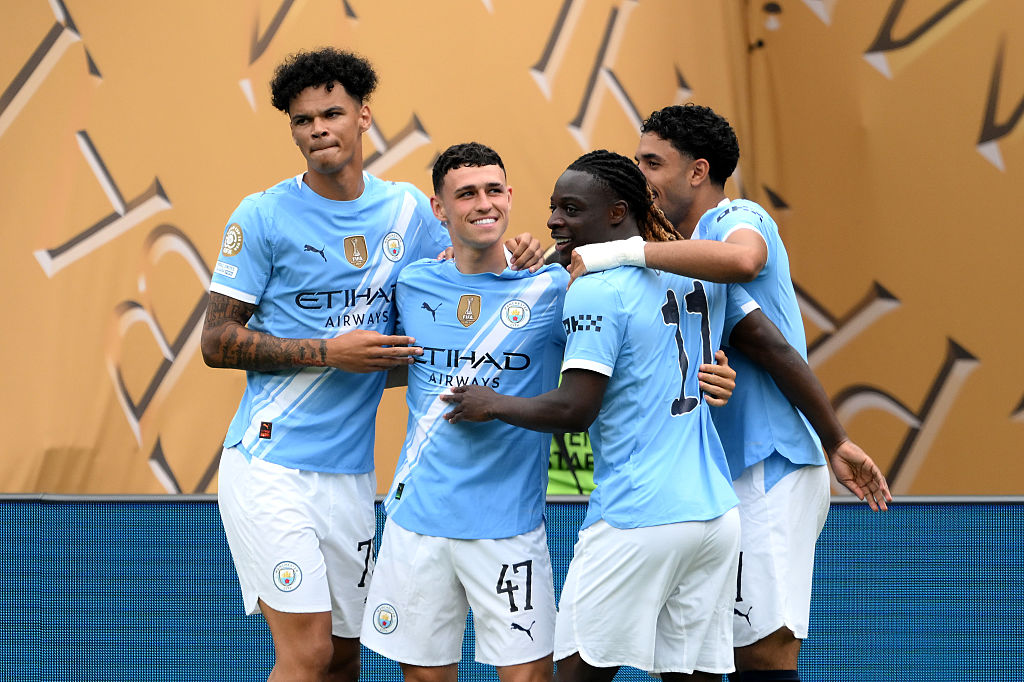 Phil Foden #47 of Manchester City celebrates with teammates after scoring his team's first goal during the FIFA Club World Cup 2025 group G match between Manchester City FC and Wydad AC at Lincoln Financial Field on June 18, 2025 in Philadelphia, Pennsylvania.
