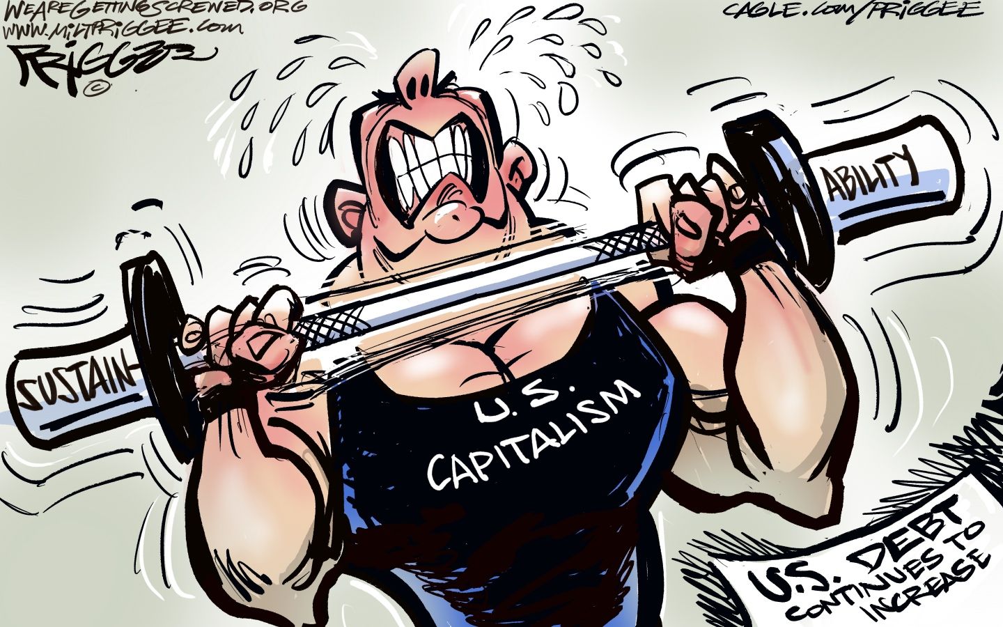 
                                This cartoon depicts a weightlifter labeled “U.S. Capitalism” struggling to lift a not-heavy weight labeled “Sustain-ability.” A sheet of paper nearby reads, "U.S. Debt Continues to Increase.”
                            