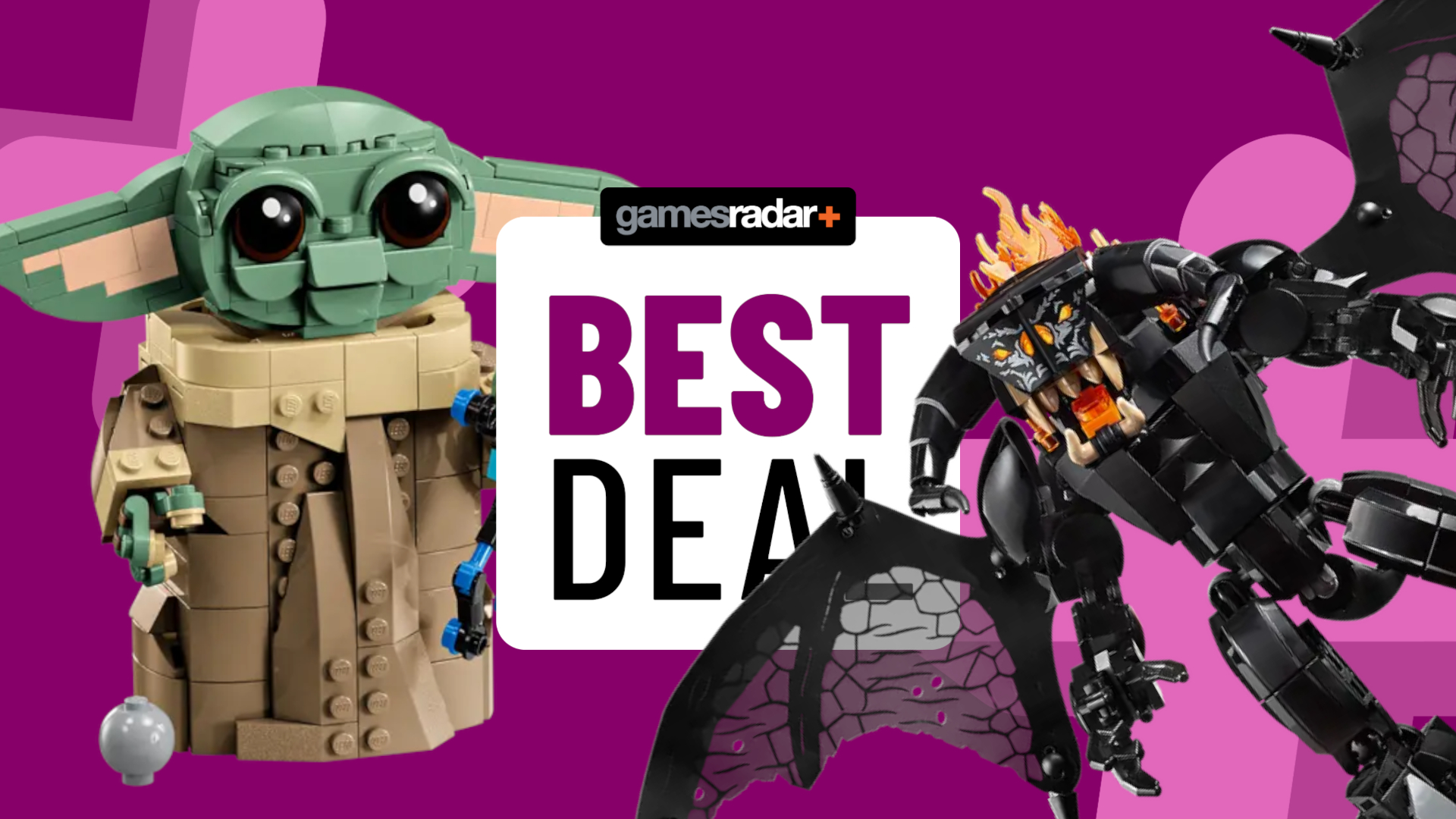 Lego Grogu and Balrog on either side of a GamesRadar+ best deal badge, all against a purple background with crosses