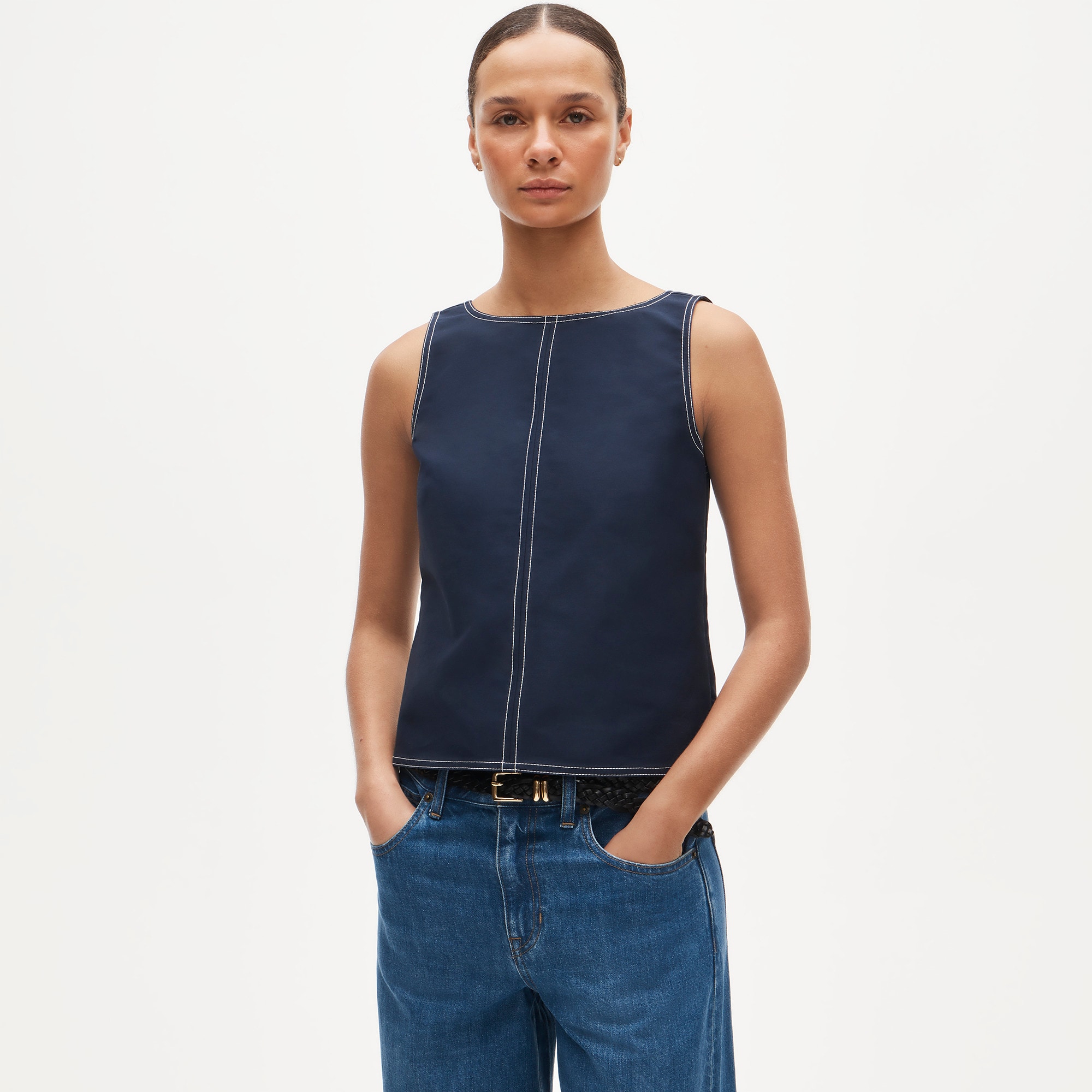 Contrast-stitch shell top in double cotton poplin