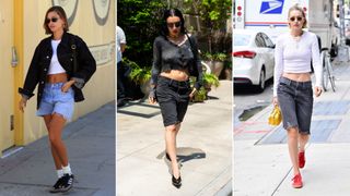 a collage of Hailey Bieber, Charli XCX, and Gigi Hadid wearing the jorts trend while walking around Los Angeles and New York City