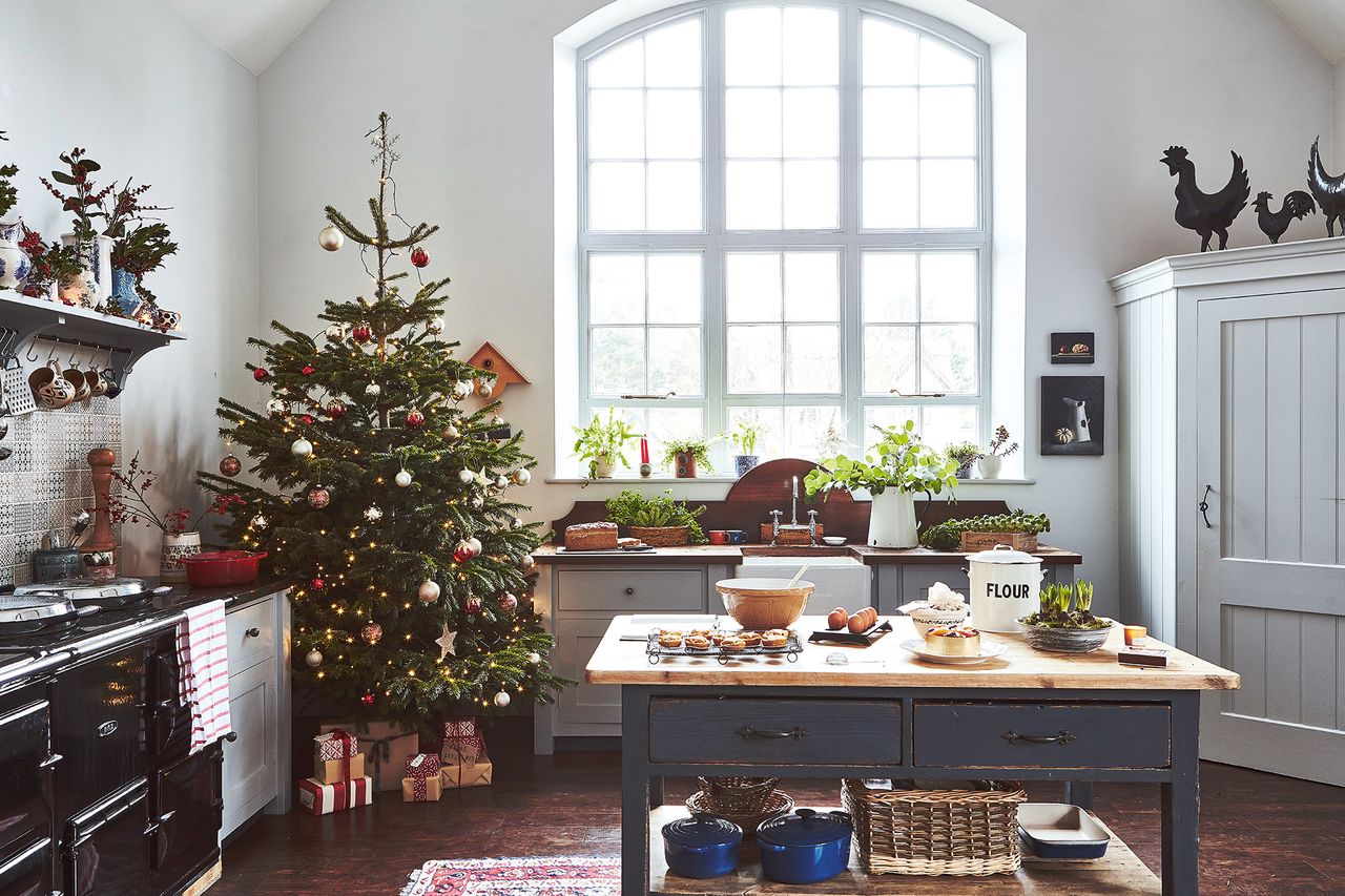 farmhouse style kitchen the large window farmhouse table island and Christmas tree