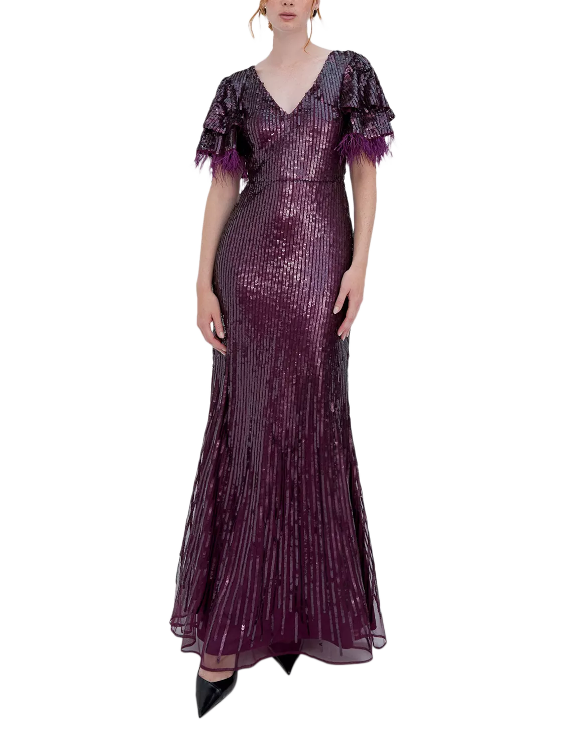 Raishma Selene Feather Trim Flutter Sleeve Sequin Gown
