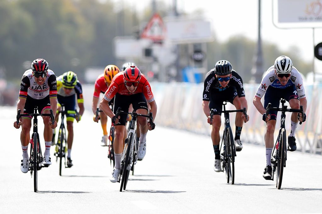MUSCAT OMAN FEBRUARY 13 LR Rui Alberto Faria Da Costa of Portugal and UAE Team Emirates Kevin Vauquelin of France and Team Arka Samsic Kevin Vermaerke of United States and Team DSM and Mauro Schmid of Switzerland and Team QuickStep Alpha Vinyl sprint to win during the 11th Tour Of Oman 2022 Stage 4 a 1195km stage from Al Sifah to Mucat TourofOman on February 13 2022 in Muscat Oman Photo by Dario BelingheriGetty Images