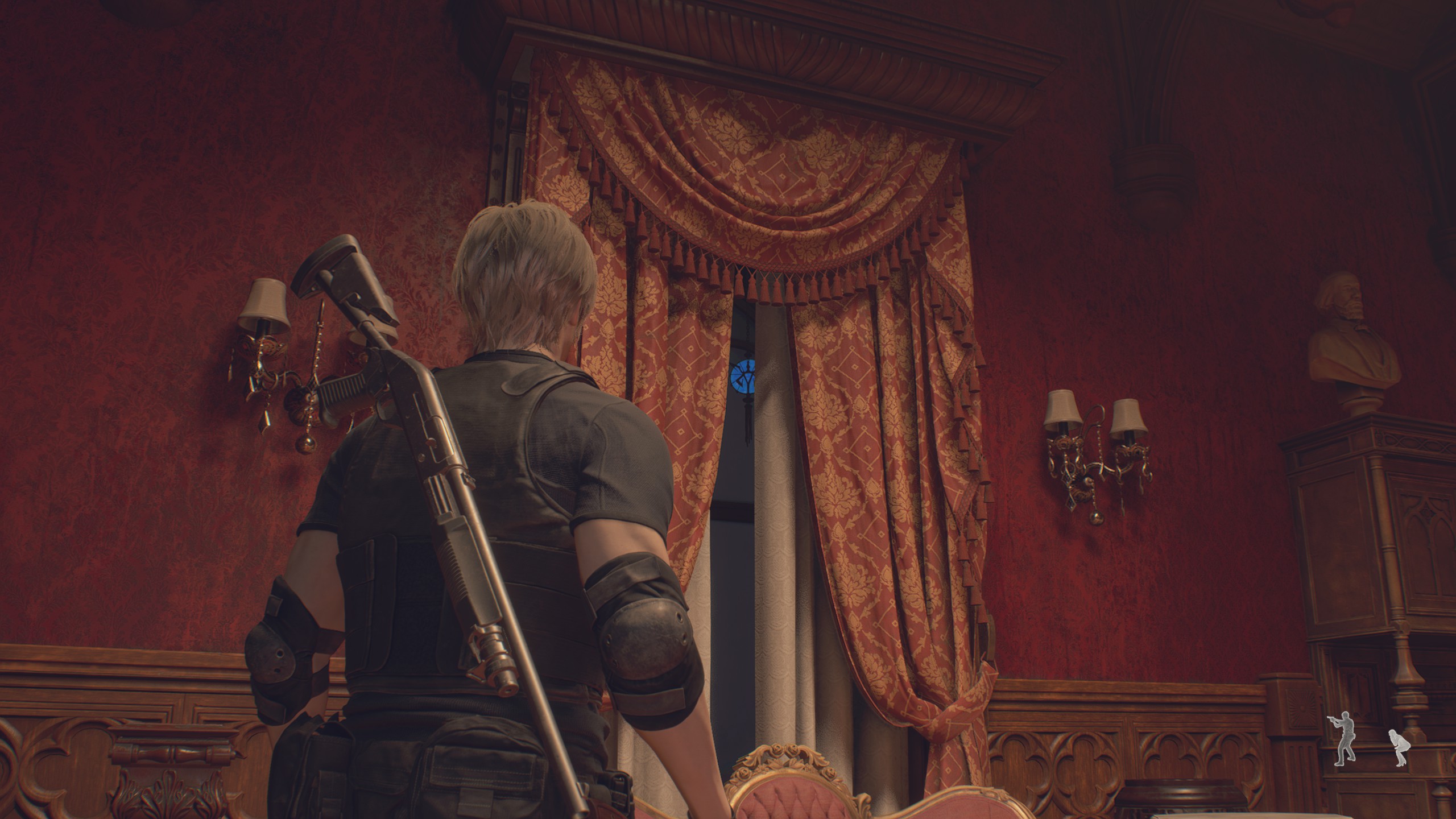 Resident Evil 4 Remake Blue Medallion behind curtains
