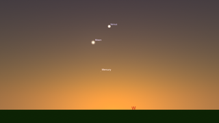 night sky graphic showing the moon in the center and venus in the upper right with Mercury below.