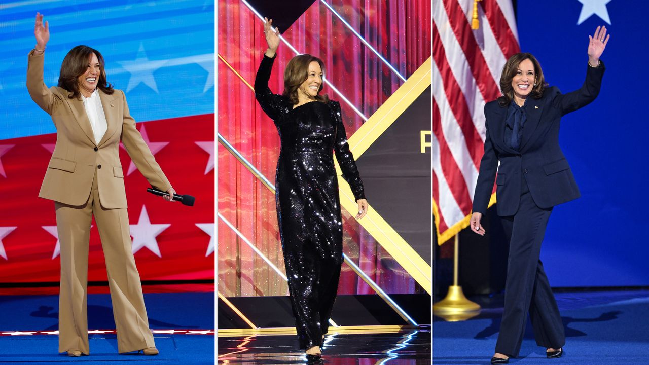 Kamala Harris on the campaign trail wearing suits and sequin dresses