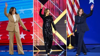 Kamala Harris on the campaign trail wearing suits and sequin dresses