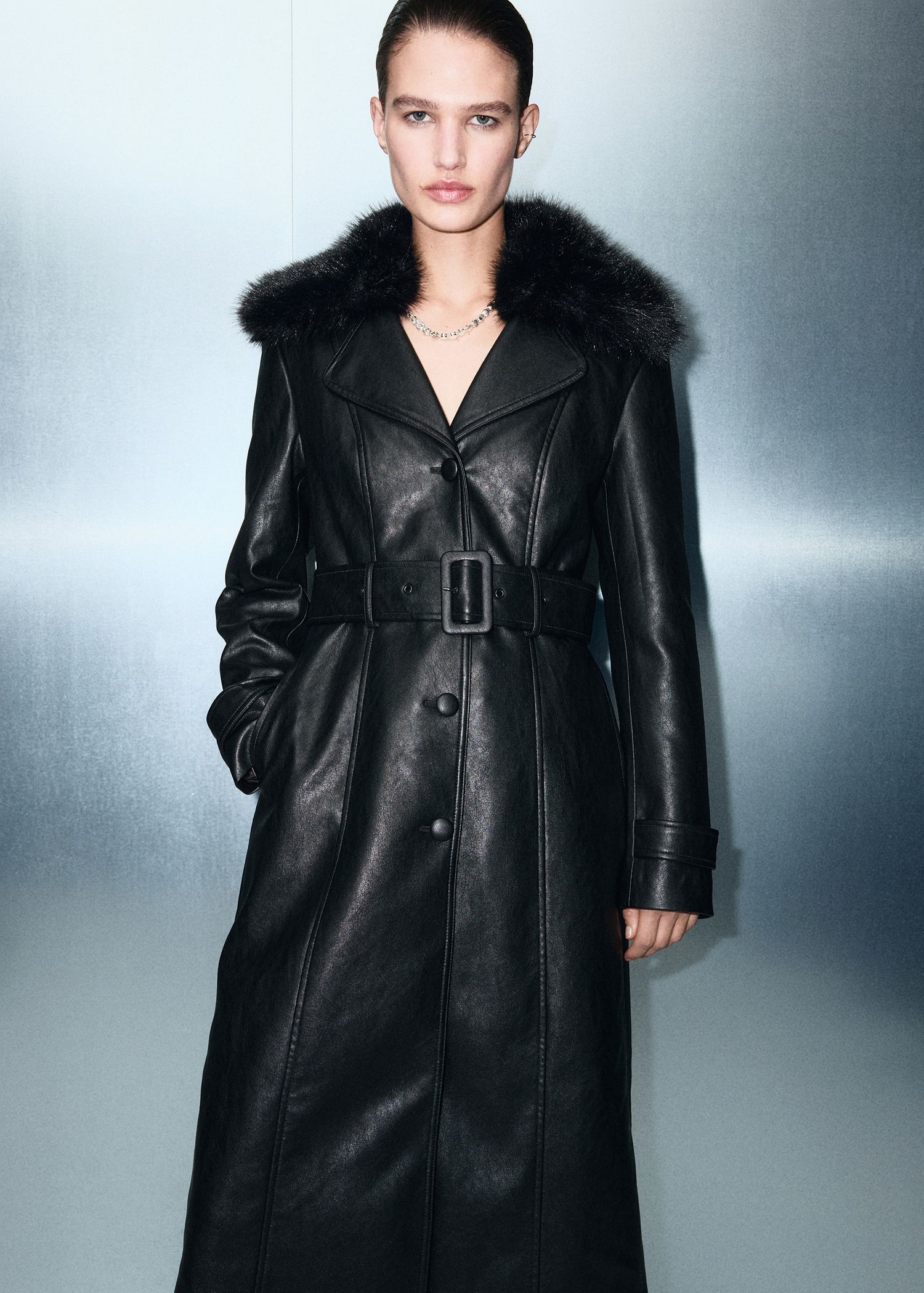 Faux-Leather Coat With Fur Collar - Women | Mango Usa