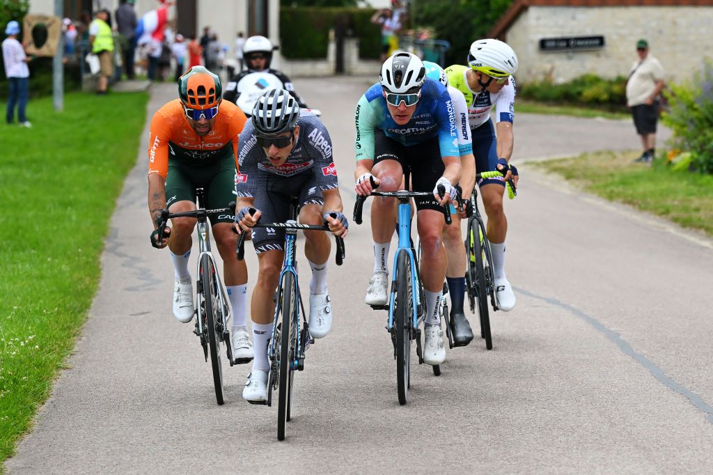 TROYES FRANCE JULY 07 LR LR Michael Matthews of Australia and Team Jayco AlUla Axel Laurance of France and Team Alpecin Deceuninck and Dorian Godon of France and Decathlon AG2R La Mondiale Team compete in the chase group during the 111th Tour de France 2024 Stage 9 a 199km stage from Troyes to Troyes UCIWT on July 07 2024 in Troyes France Photo by Tim de WaeleGetty Images
