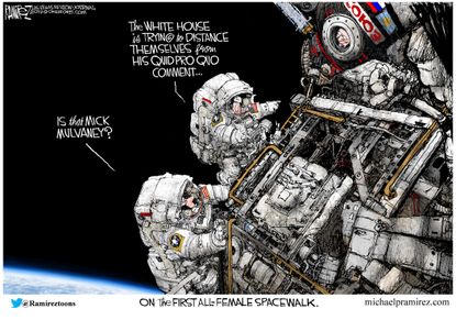 Political Cartoon U.S. Female Spacewalk Mick Mulvaney Shipped Off