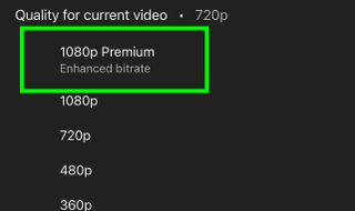 a box highlights the 1080p Premium option, signifying the next step in setting up YouTube's 1080p Premium feature