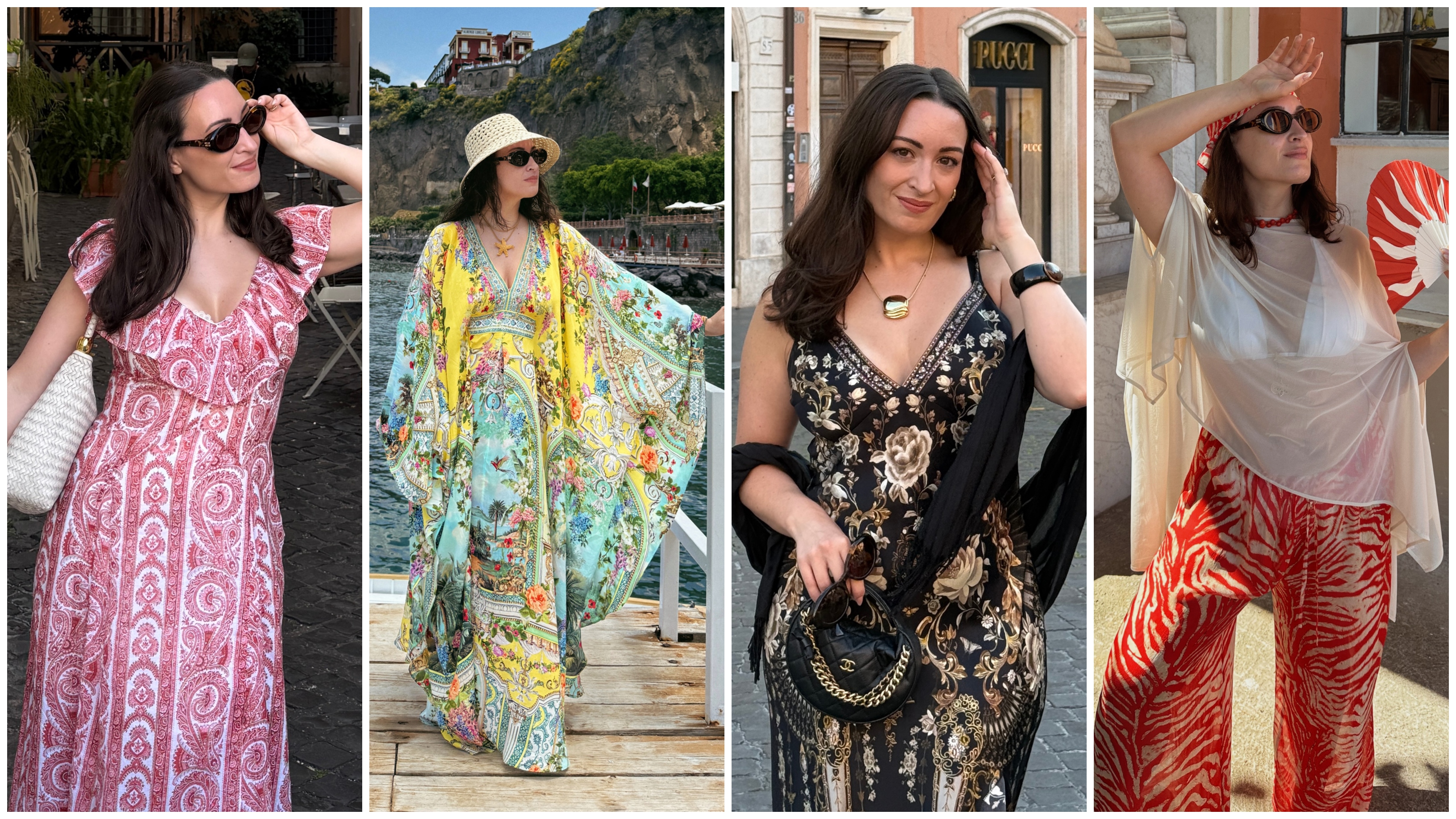 Bella Gerard wearing a pink dress; Bella Gerard wearing a blue kaftan, Bella Gerard wearing a black dress, Bella Gerard wearing a white top and red pants