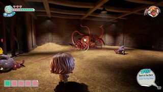 In-game screenshot showing the player fighting a Dog-Thing mini-boss in Funko Fusion