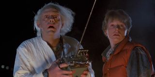 Back to the Future Doc and Marty stare at the fire trail