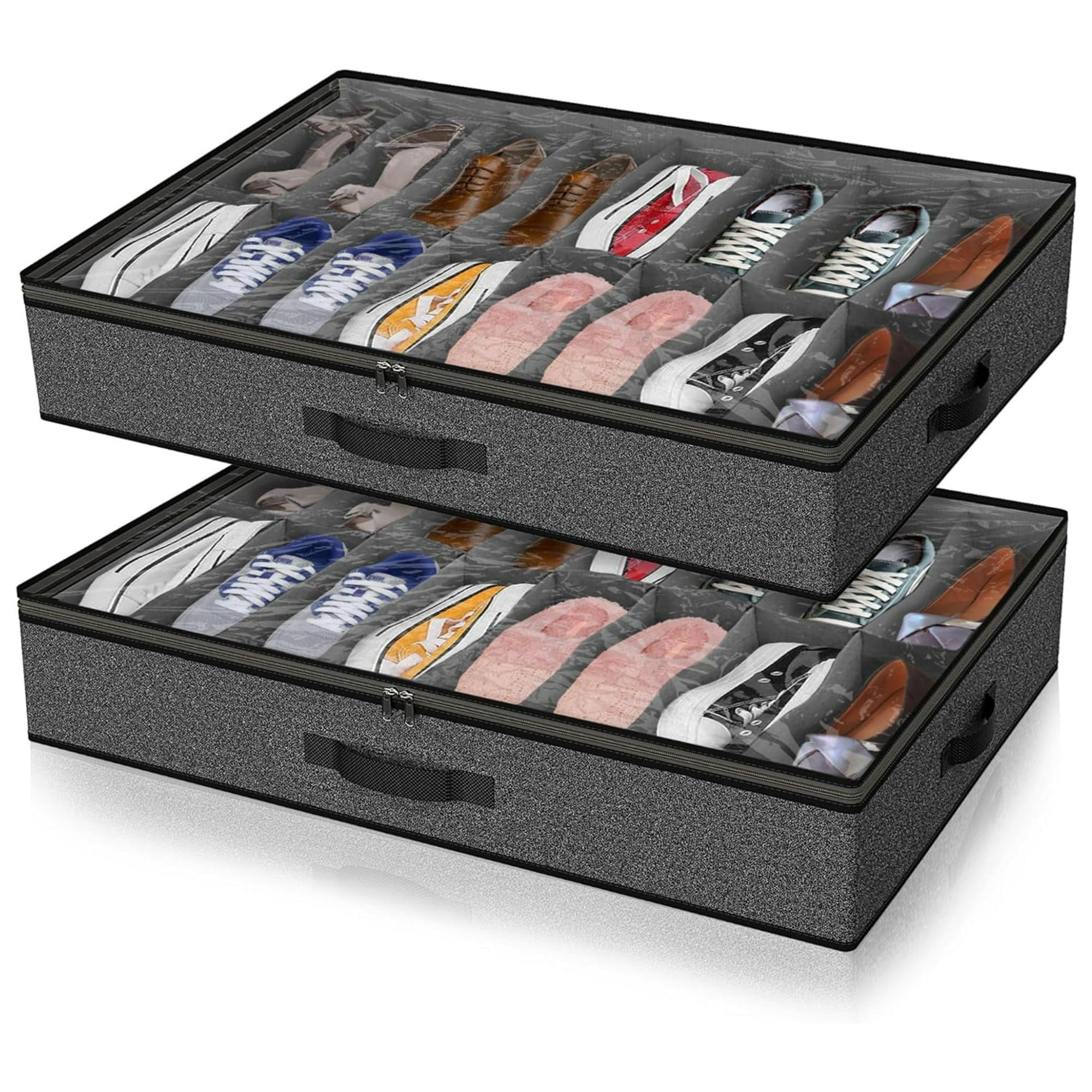 Two dark grey underbed shoe organizers with black handles filled with shoes