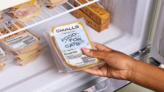 A hand reaching in a fridge for Smalls Food For Cats