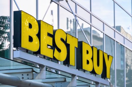 Best Buy sign at the entrance of the electronics store in downtown Toronto, Canada